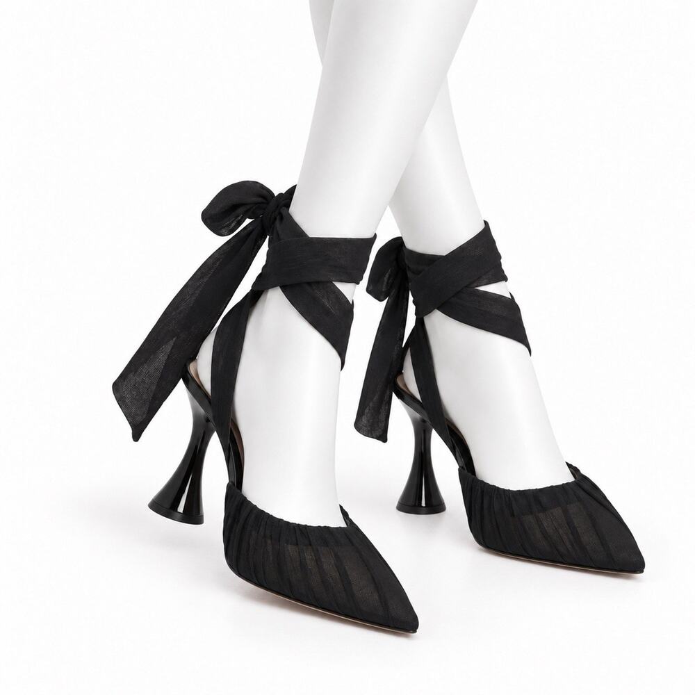 Gianni Bini Henzlee Heels Size 6.5 Black Chiffon Ankle Wrap Ruched Pointed Toe